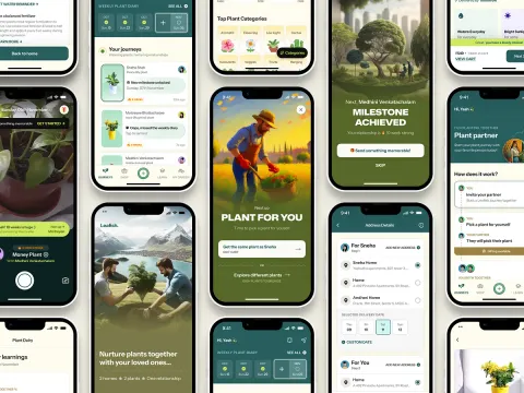 A wall of phone screens from the Leafish plant gifting app