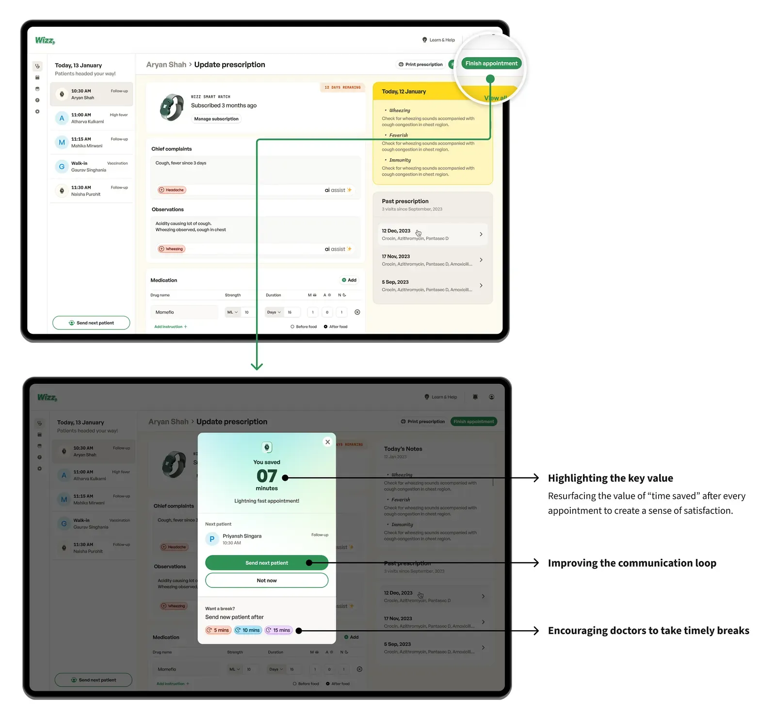The screens that close an appointment, restating what Wizz did during the visit